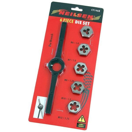 6pc Tap & Die Set T-Handle Wrench Metric - Sizes M6 M7 M8 M10 & M12