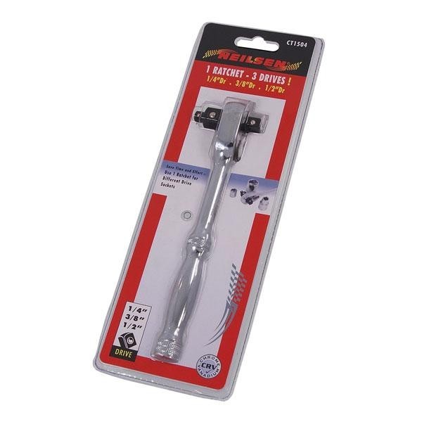 3 Drive Socket Reversible Ratchet Handle Quick Release 1/4" 3/8" 1/2" CT1504